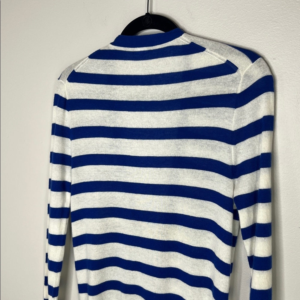 J. Crew 100% Cashmere Nautical blue and white stripe cardigan size Medium - Picture 10 of 13